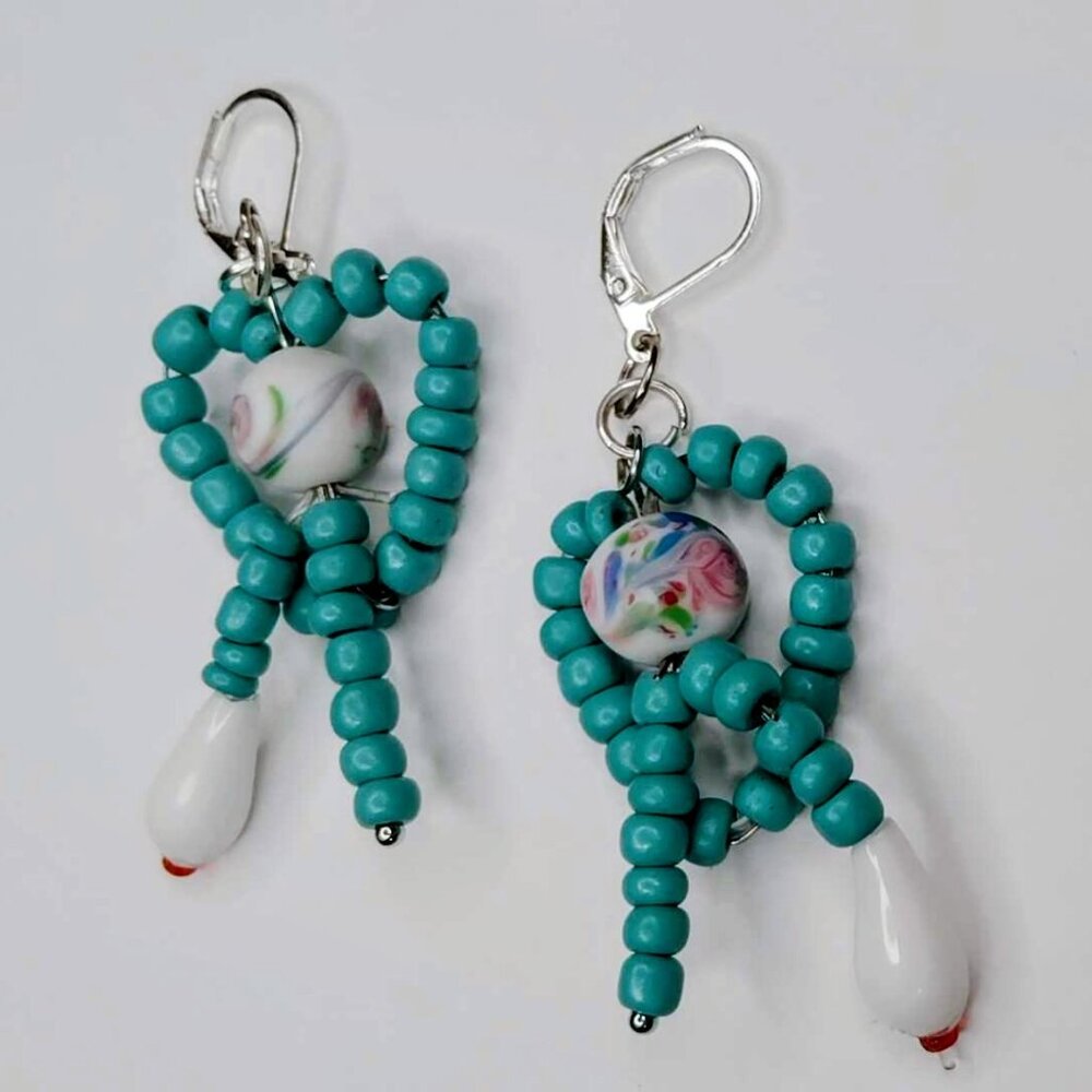 Handmade Turquoise Blue Beaded Earrings With Vintage White Porcelain Beads